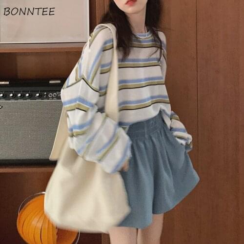 T-shirts Women Striped Knitting Sunscreen Summer New Loose Design Full Sleeve Crop Top Thin All-match Casual Sexy College Retro