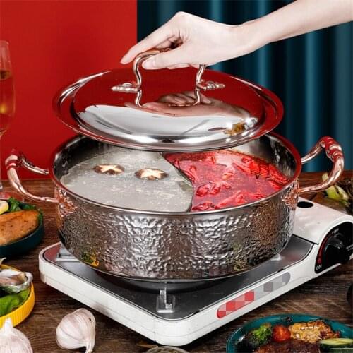 Commercial hammer printing hot pot Household Sanwei pot Extra thick three-layer steel 304 stainless steel mandarin duck pot