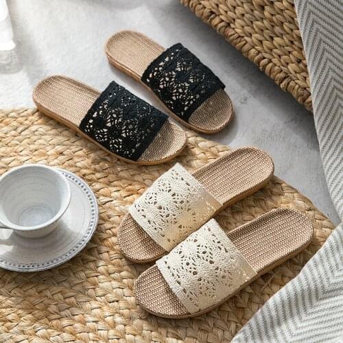 Summer Linen Household Slippers Japanese Style Anti-Skip Womens Indoor Slippers Fashion Lace Home Casual Shoes