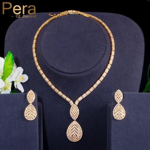 Pera Gorgeous Full African Cubic Zirconia Big Water Drop Women Wedding Costume Necklace Earrings Bridal Gold Jewerly Set J353