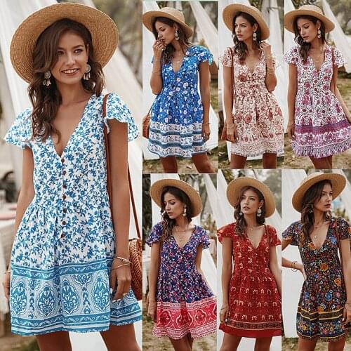 Dress Women Sexy V Neck Floral Print Mini Dress Summer Casual Loose Button Bohemian Beach Holiday Vestidos Mujer