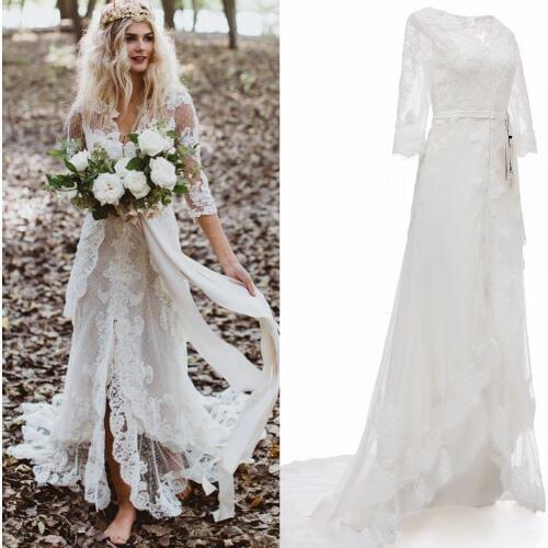 Real sample photo lace bohemia mermaid wedding dress bridal gown with sweep train