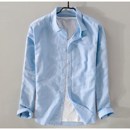 2018 New sky blue shirt men linen solid summer and autumn long sleeve shirt mens cotton square collar shirts male chemise