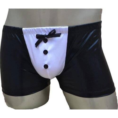 Sexy Mens Chef Maid Wet Look Boxer Brief Bow Buttons Pouch Underwear Hipster Bikini Lingerie For Him Fetish Role Play Costume