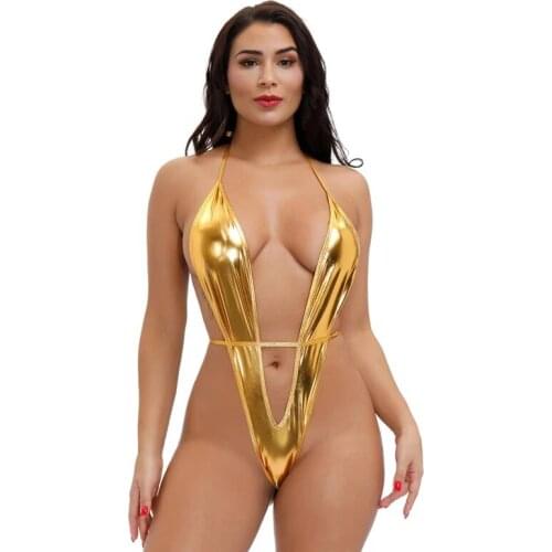 Sexy bikini swimwear women swimsuit one piece biquini bikinis Patent leather Bright color V type Halter String Lace Thong