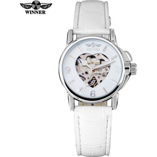 2016 WINNER popular brand women watch simple automatic self wind watch skeleton dials transparent glass silver case leather band