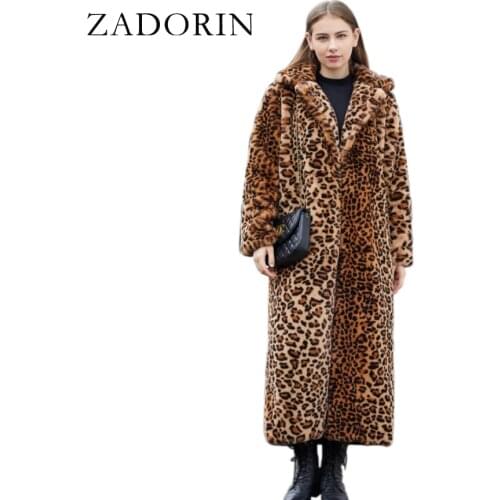 ZADORIN 2021 High Street Leopard Print Long Faux Fur Coat Fuzzy Jacket for Women Winter Faux Rabbit Fur Plush Coats and Jackets