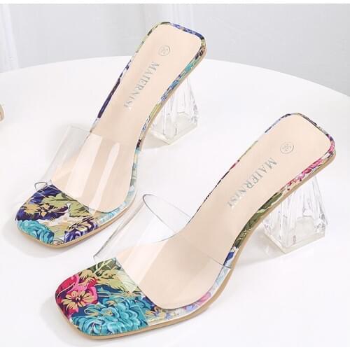 Woman Sexy Summer Clear Transparent Square High Heels Slippers Femme PVC Graffiti Open Toe Sandals Sexy Plus Size Slides DB0066