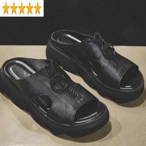 Street Black Platform Women Genuine Leather Peep Toe Slippers Summer Zip Design Outdoor Beach Sandals Zapatos De Mujer
