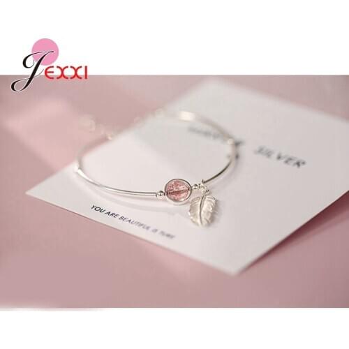 Pure 925 Sterling Silver Female Jewelry Nice Strawberry Crystal Cute Silver Feather Pendant Adjustable Bracelet For Girls