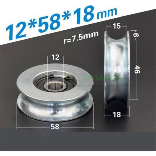 1pcs 12*58*18mm U groove / V groove wheel, 45 # steel wheel, wire rope crossing roller, 6201 bearing guide wheel w/ Clip spring