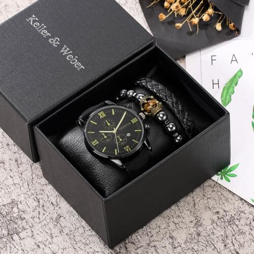 3 Pieces Mens Watch Bangles With Box Gold Roman Numerals Quartz Clock Leather Watchband Black Elasticity Bracelet Gift for Male