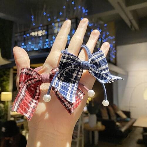 5Pcs/Lot Pearl Plaid Bows Elastic Rubber For Girls British Style Teens School Accessories Hairband Rope Wholesale