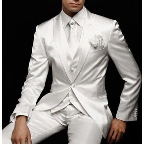 White Wedding Man Suit Groom Tuxedos 2020 Slim Fit Prom Party Custom Satin Men Suits 3 Piece Jacket Pants Vest Male Blazer