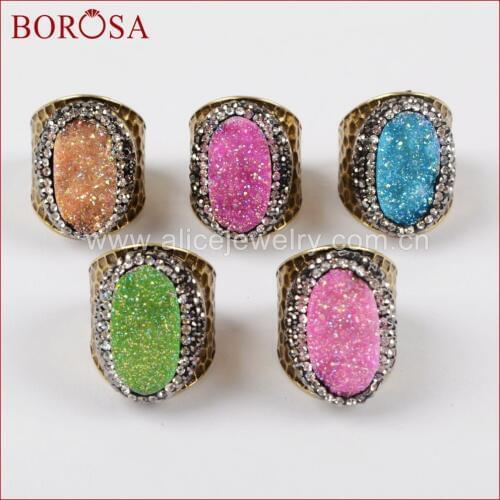 BOROSA New Druzy Ring Gems Oval Titanium Rainbow Drusy Party Ring,With Crystal Rhinestone Pave Gold Plated Band Ring for Women