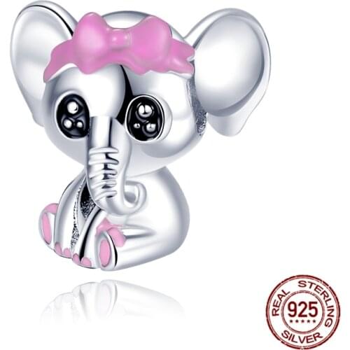 2021 New 100% 925 Sterling Cute Elephant With Pink Bow Charm&Bead Fit Original Pandora Bangle Making Fashion Silver 925 Jewelry