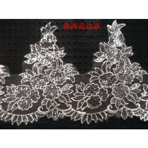 Delicate 1Y White/Ivory Cording Fabric Sequins Flower Venise Venice Mesh Lace Trim Applique Sewing Craft for Wedding Dec. 20cm