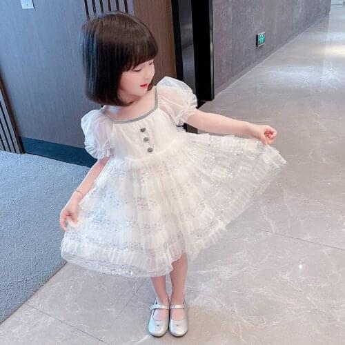 Baby Girl Summer Mesh Princess Dress Square Collar Sequins Gauze Tutu Mini Dresses For Toddler 2-6 Years Kids