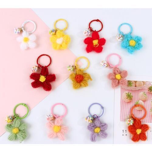 Ins cute colorful flower knitted plush pendant key chain bag pom pom keychain plush keychain