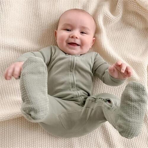 Newborn Baby Boys Girls Solid Color Romper Infant Long Sleeve Round Neck Zip-up Footed Jumpsuit 2020