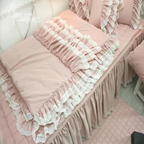 Korean imported pink cake layers bedding set 4pcs full queen king size lace ruffle flounce princess bed skirt free shipping