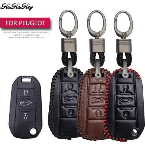 Leather Car Key Case Cover Protection Shell Skin For Peugeot 3008 308 RCZ 508 408 2008 Car Keyring Keychain