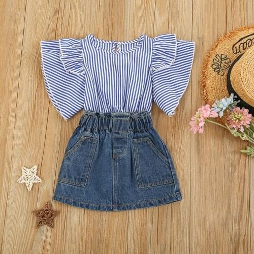 Girls Summer Skirt Set Sweet Cotton Set Butterfly Sleeve Striped Top + Denim Skirt Toddle Girl Clothing Suit