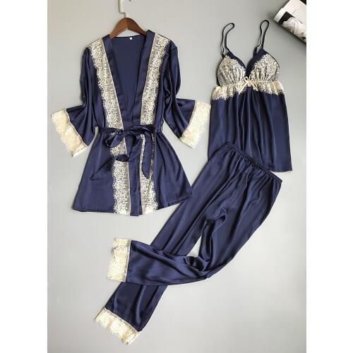 Lisacmvpnel Srping New Lace Sexy 3 Pcs Pajama Set Ice Silk Nightdress+Cardigan+Long Pant Pijama For Women