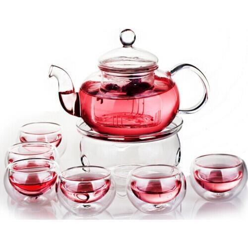 Borosilicate Tea Pot Set Infuser Teapot+Warmer+6 Double Wall Tea Cups
