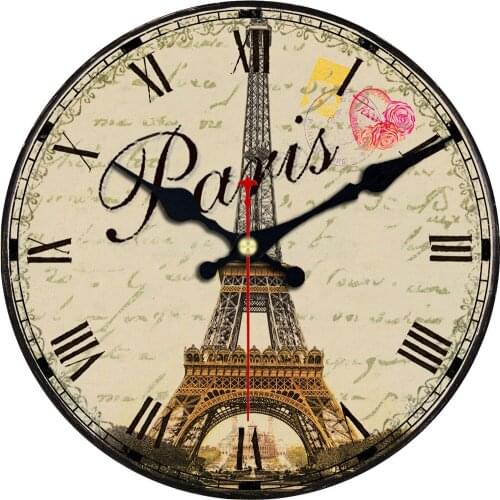 Paris Tower Love Roman Numerals Round Wall Clock Flora Flower No Ticking Living Room Sound Rustic Clock Retro Wooden Wall Clock