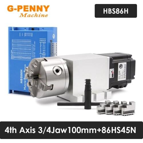 NEW! 4th Axis 3/4Jaw 100mm CNC dividing head/Rotation Axis/A axis kit NEMA34 86HS45N 4.5N.m & HBS86H Closed loop stepper motor