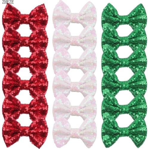10pcs/lot 2016 NEW 4" Big Sequin Bow,Christmas Headwear , Red Green White Hair Accessory, Hair Bow Without Clips