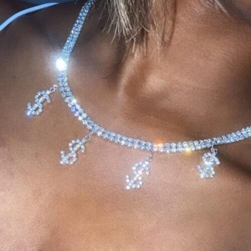Statement Dollar Sign Pendant Rhinestone Necklace For Women Hip Hop Bling Crystal Tennis Chain Long Necklace Punk Jewelry Gift