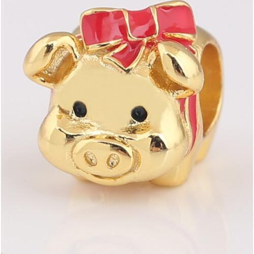 Authentic S925 Bead DIY Jewelry Shine Piggy Bank Red Bow Charms fit Lady Bracelet Bangle