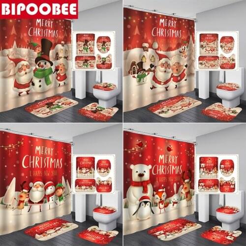 Merry Christmas Shower Curtain Set Bath Mats Rugs Snowman Santa Claus Print Toilet Lid Cover Carpet Bathroom Curtains with Hooks
