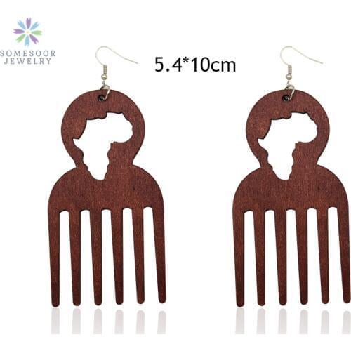 SOMESOOR Big Engraved Afro Ethnic Comb Design Wooden Drop Tribal Earrings With Hollow African Map Pattern For Black Women Gifts