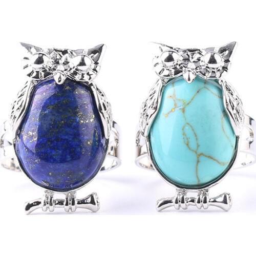 FYJS Unique Silver Plated Wisdom Owl Shape Lapis Lazuli Resizable Animal Ring Green Turquoises Stone Jewelry