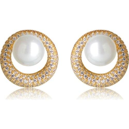 OI Fashion Round White Simulated Pearl Earrings Full Rhinestones Copper Stud Earrings For Women Bridal Wedding Party Bijoux