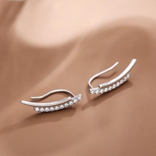 VENTFILLE 925 Sterling Silver Thin Curved Bar Stud Earrings for Women Smooth Small Geometric Zircon Earrings Minimalist Jewelry