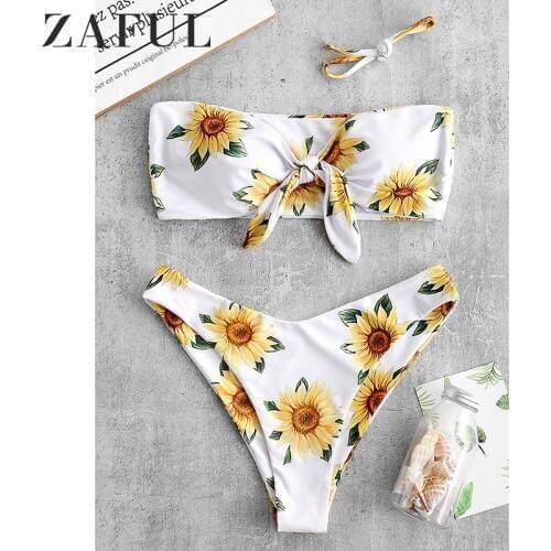 ZAFUL Sunflower Print Knot Bandeau Bikini Set 2019 Strapless Wire Free Swim Suit Floral Bathing Suit Women Summer Cute Swimwear
