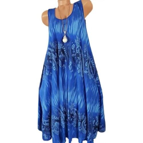 Women Summer Floral Print Round Neck Sleeveless Loose Pleated Plus Tanks Dress