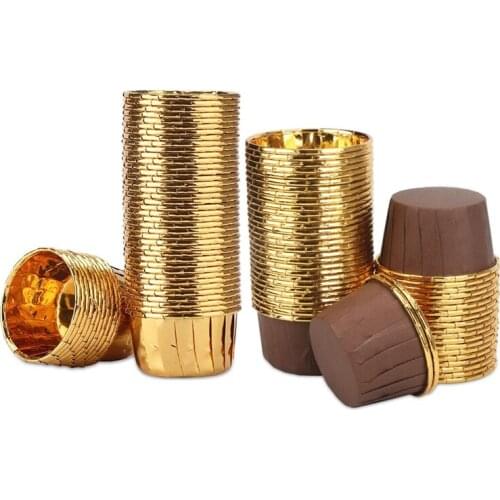 100Pcs Aluminum Foil Cupcake Cups Disposable Muffin Liners Baking Cups Aluminum Cupcake Tip Pan Gold + Brown & Gold