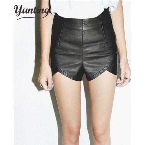 2020 New Arrival Vintage Summer Womens Fashion Sexy Black Red PU High Waist Shorts Slim Slit Leather Shorts