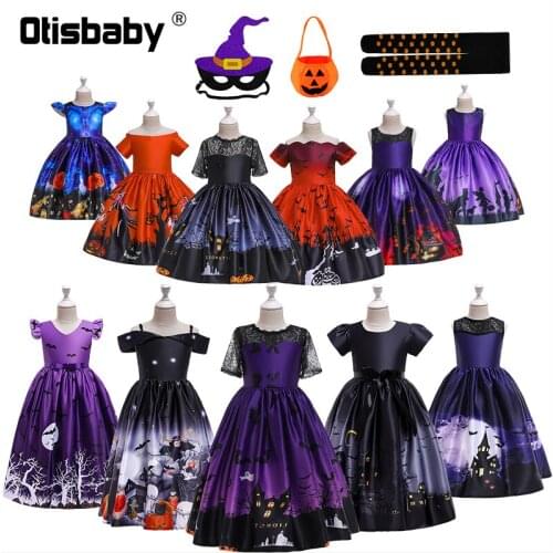 2021 Children Halloween Witch Disguise Girls Party Dress + Mask Pumpkin Bag Pantyhose Fancy Kids Lace Flower Cosplay Cotume