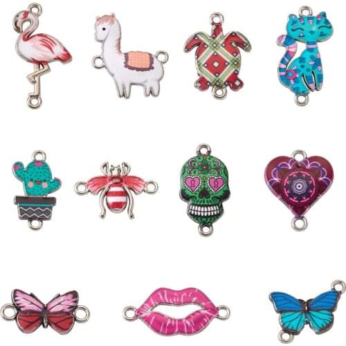 110pcs Assorted Enamel Printed Connector Charms Animal Heart Skull Lips Pendant Links for DIY Jewelry Crafts Making
