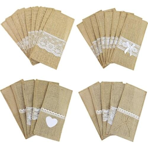 5Pcs Vintage Burlap Linen Lace Cutlery Jute Tableware Knife Fork Bag Retro Wedding Party Christmas Dinnerware Table Decorations