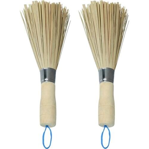2pcs Bamboo Pan Brushes Long Handle Wok Cleaning Brush Dish Brushes Kitchen Tool for Home Restaurant