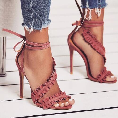 Pink White Nubuck Ruffle Cross Tied Thin High Heels Sandals Suede Flounce Lace-up Sweet Elegant Party Shoes