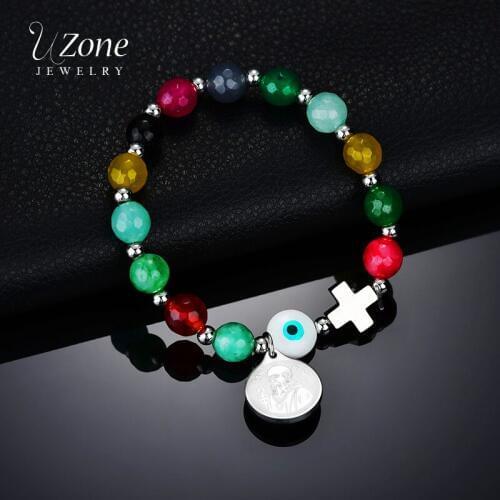 UZone San Benito Evil Eye Cross Bracelet for Women Stones Elastic Pendant Strand Bracelet for Religious Lucky Beads Bangle