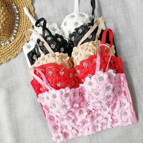 3D Flower Beading Camisole Female Sweet Cool Tank Tops Sexy Cropped Top Push up Bustier Bra Girl Petal Wrapped Chest Tube Top